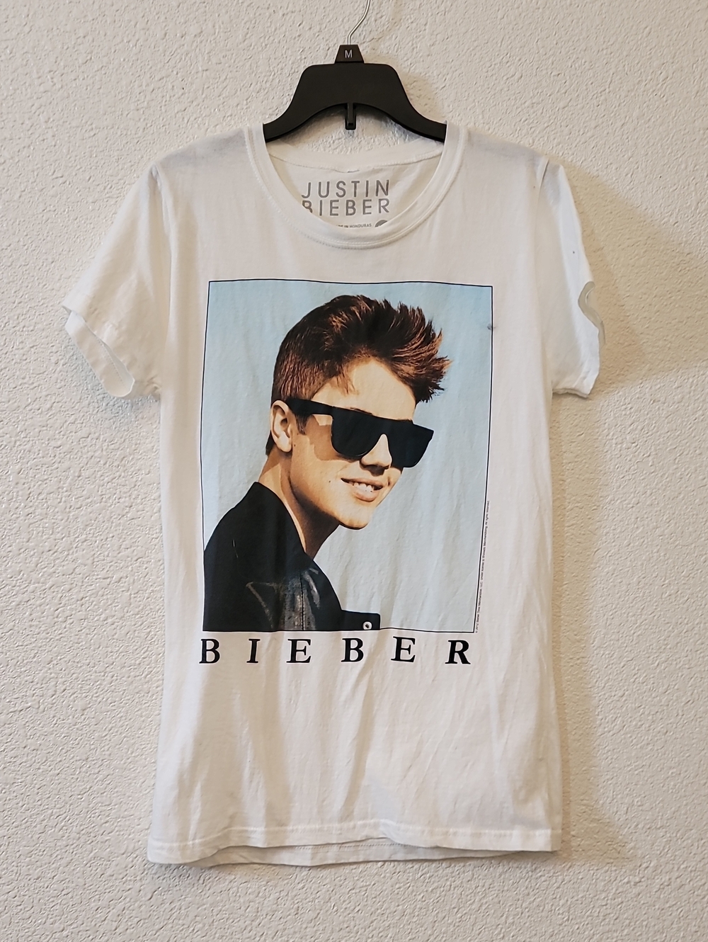 Justin Bieber White Tee with Photo Portrait and BIEBER Text
